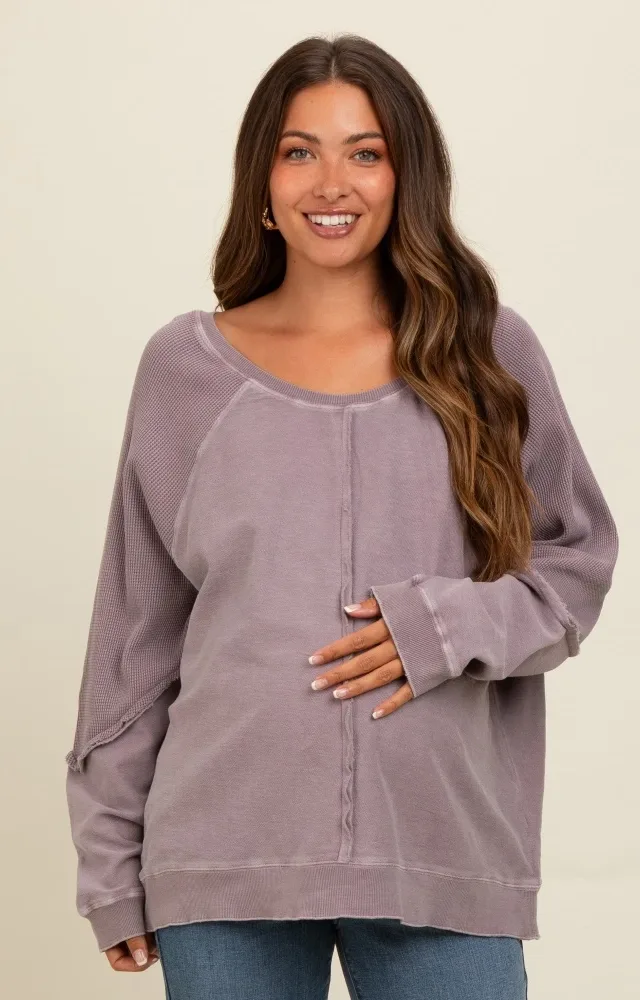 Taupe Mixed Knit Raw Hem Maternity Pullover Top