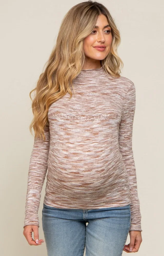 Taupe Mock Neck Long Sleeve Knit Maternity Top