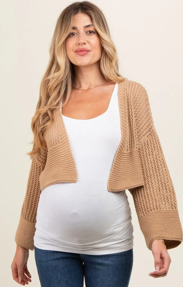 Taupe Open Knit Cropped Maternity Cardigan