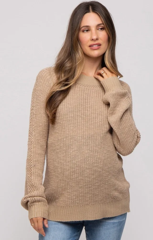 Taupe Open Knit Maternity Sweater