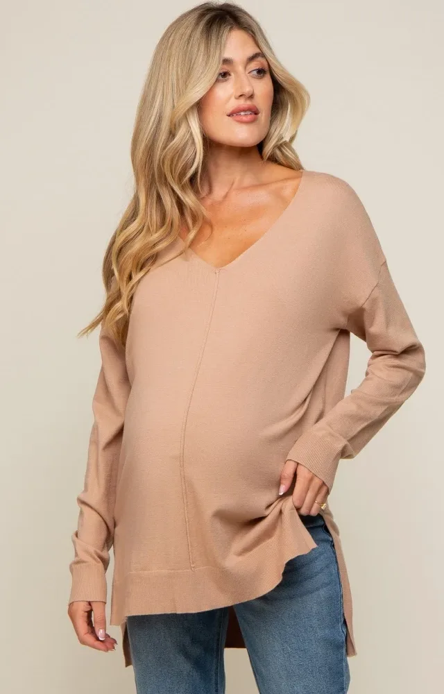 Taupe Oversized Knit Side Slit Maternity Top