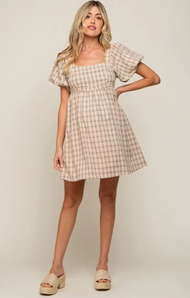 Taupe Plaid Square Neck Short Puff Sleeve Maternity Dress