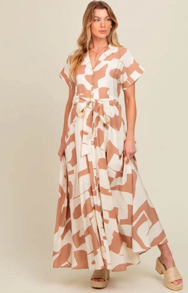 Taupe Printed Sash Tie Button Down Maternity Maxi Dress