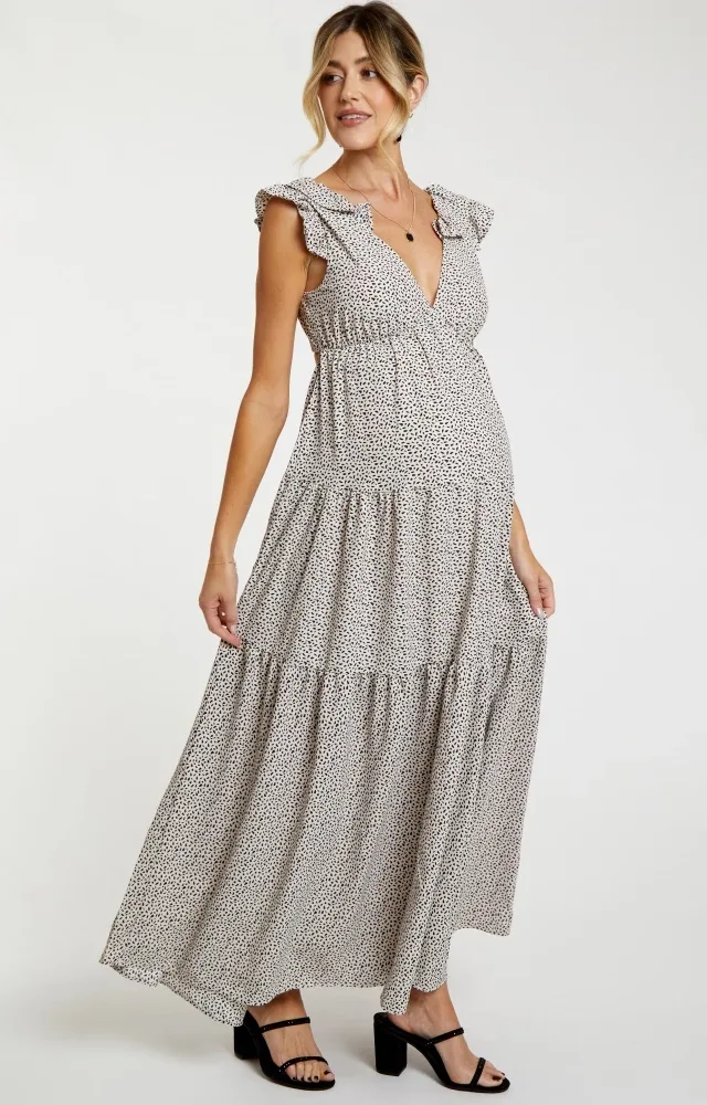 Taupe Printed Tiered Cutout Back Maternity Maxi Dress