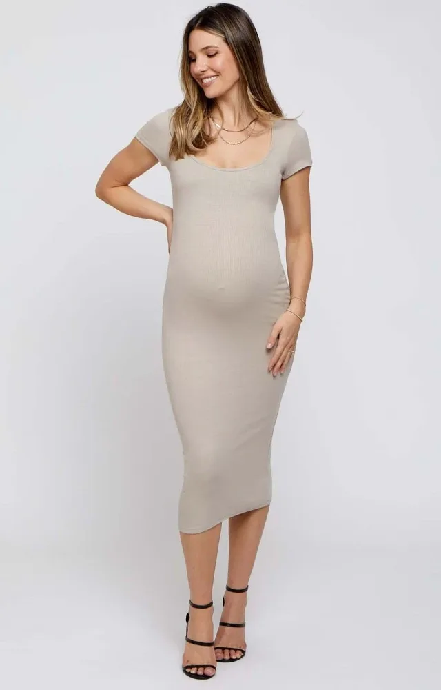 Taupe Rib Knit Short Sleeve Maternity Midi Dress