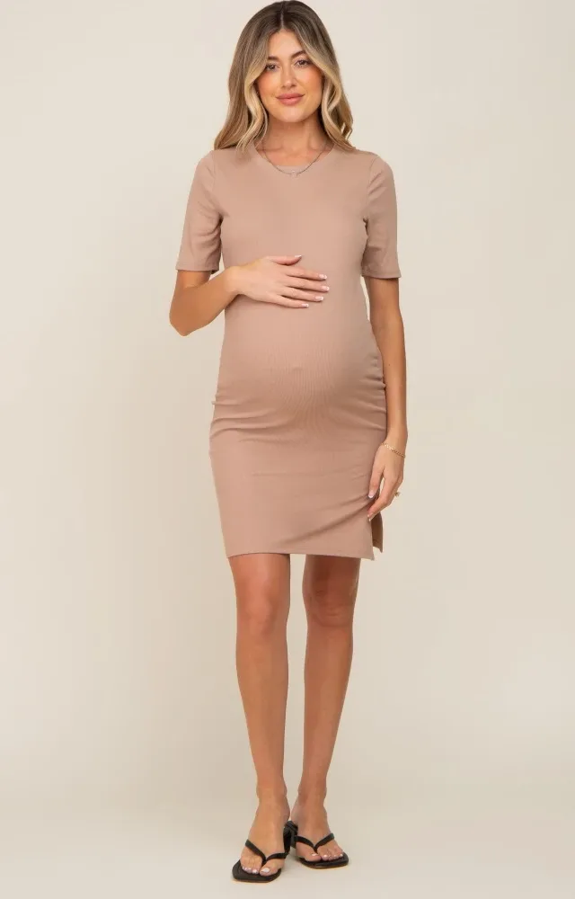 Taupe Ribbed Basic Short Sleeve Maternity Dress