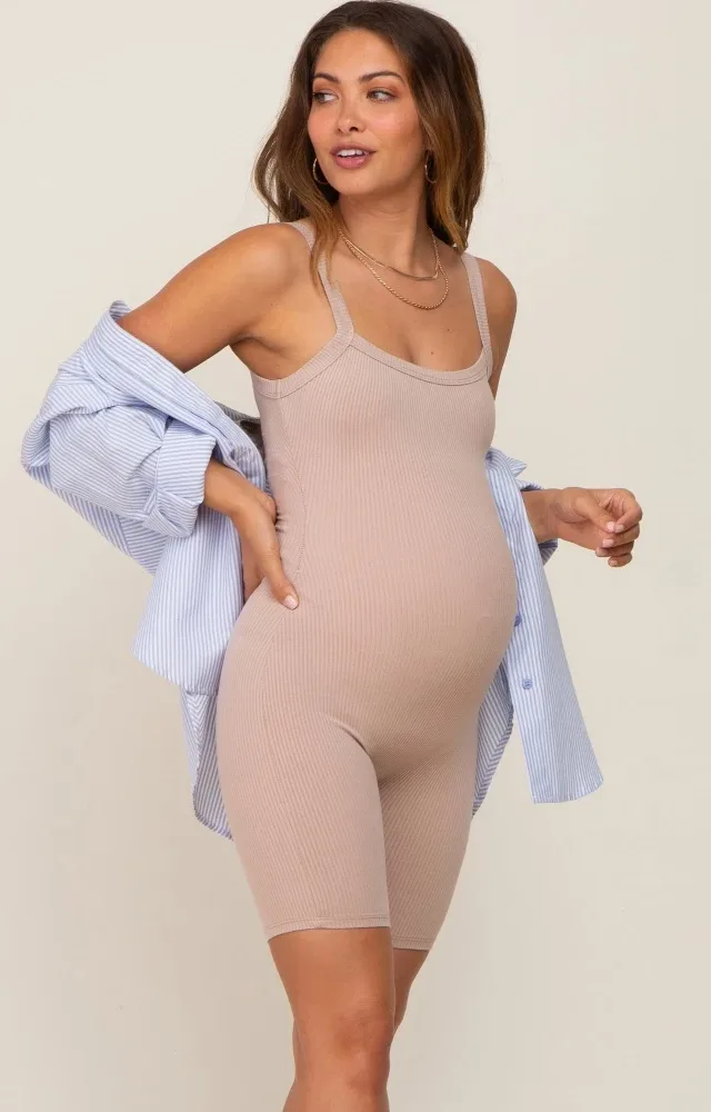 Taupe Ribbed Bodycon Maternity Romper