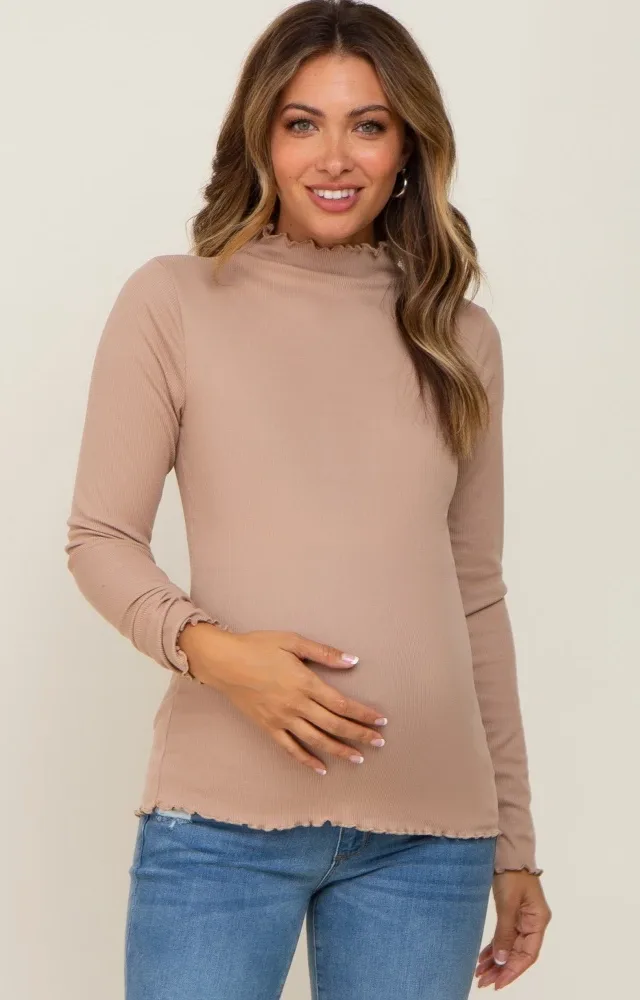 Taupe Ribbed Mock Neck Lettuce Trim Maternity Long Sleeve Top