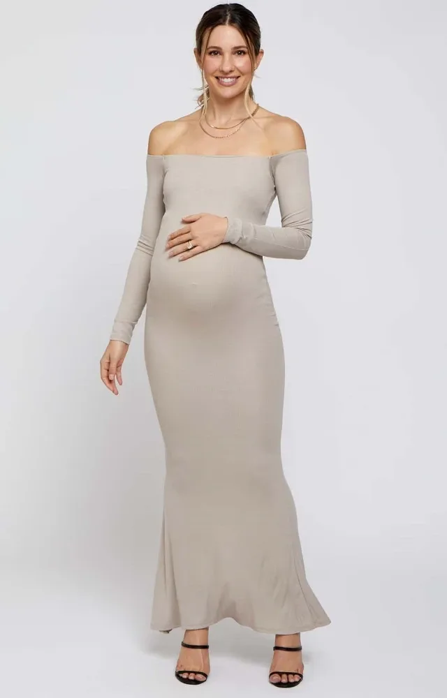 Taupe Ribbed Off Shoulder Long Sleeve Maternity Dress