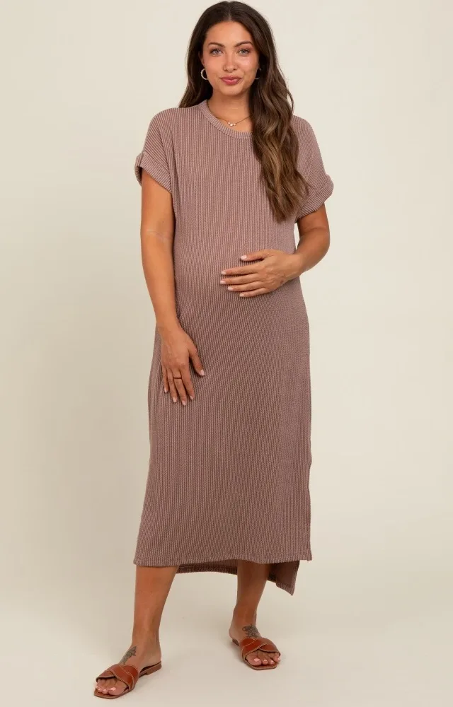 Taupe Ribbed Short Sleeve Maternity Midi Dress