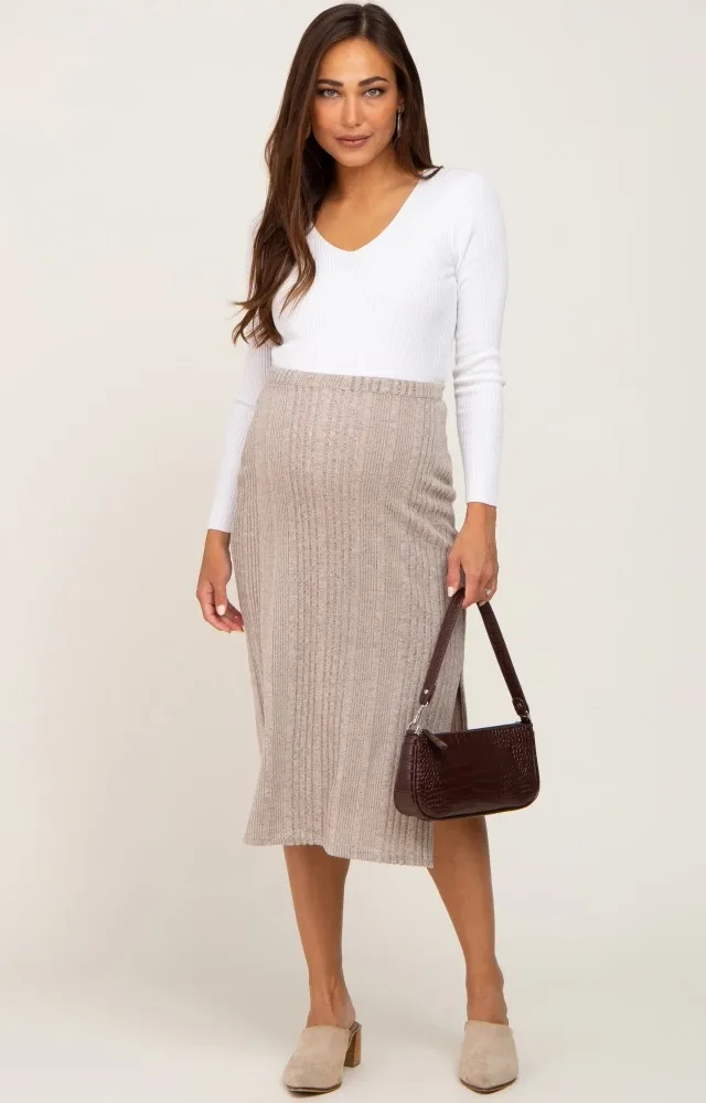 Taupe Ribbed Side Slit Maternity Midi Skirt