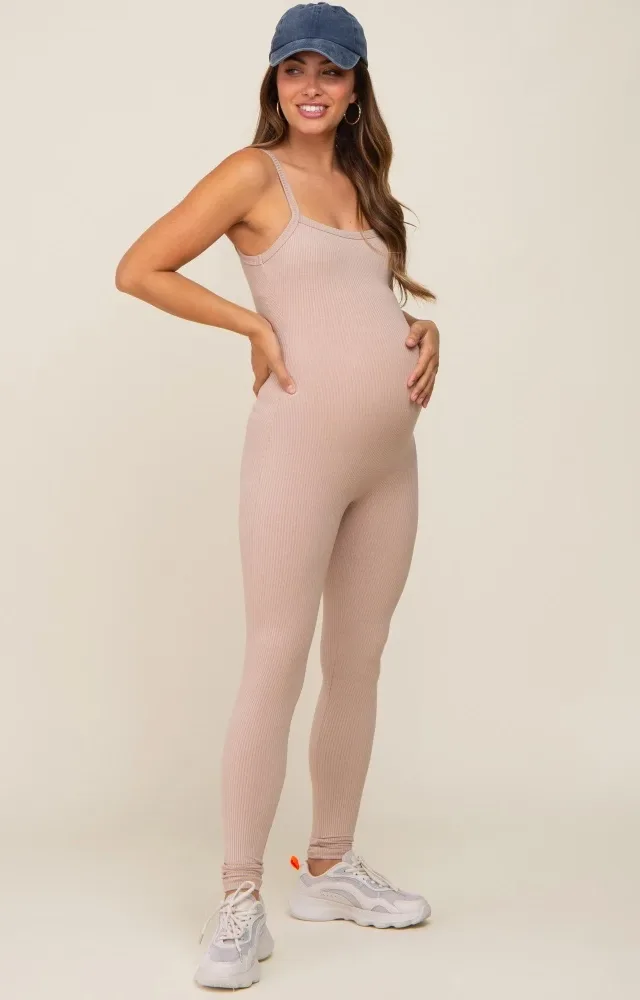 Taupe Ribbed Sleeveless Maternity Jumpsuit