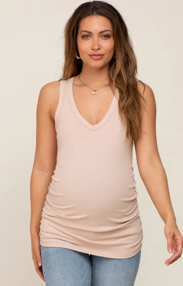 Taupe Ribbed Sleeveless Ruched Maternity Tank Top