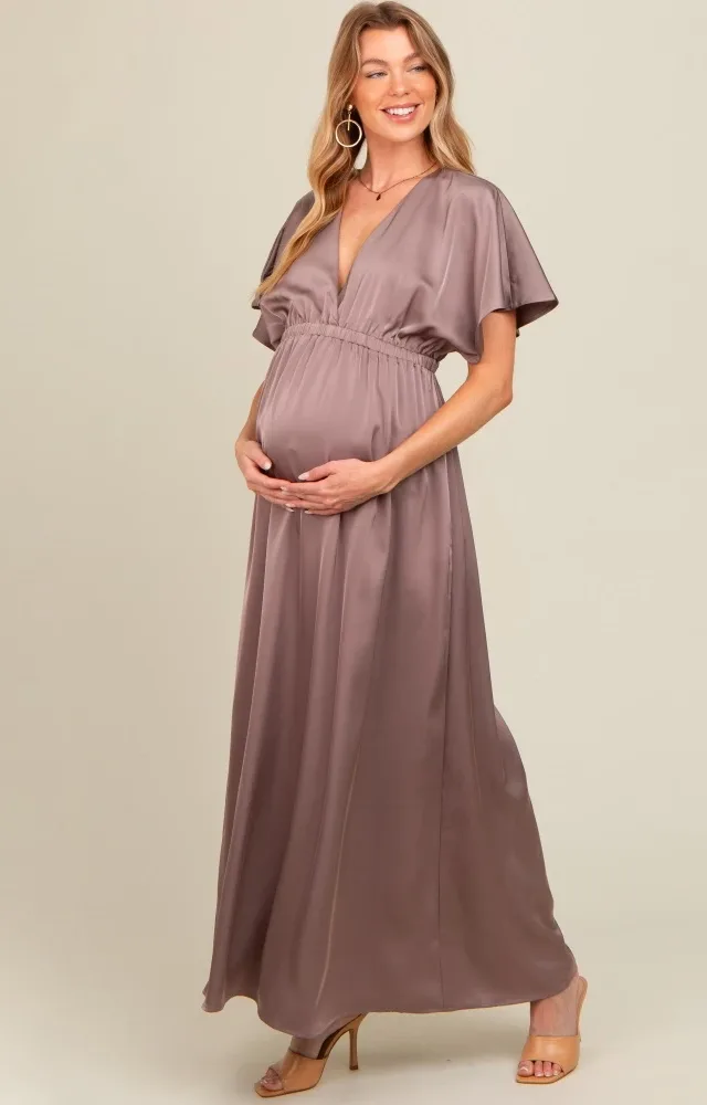 Taupe Satin V-Neck Flutter Short Sleeve Maternity Maxi Dress