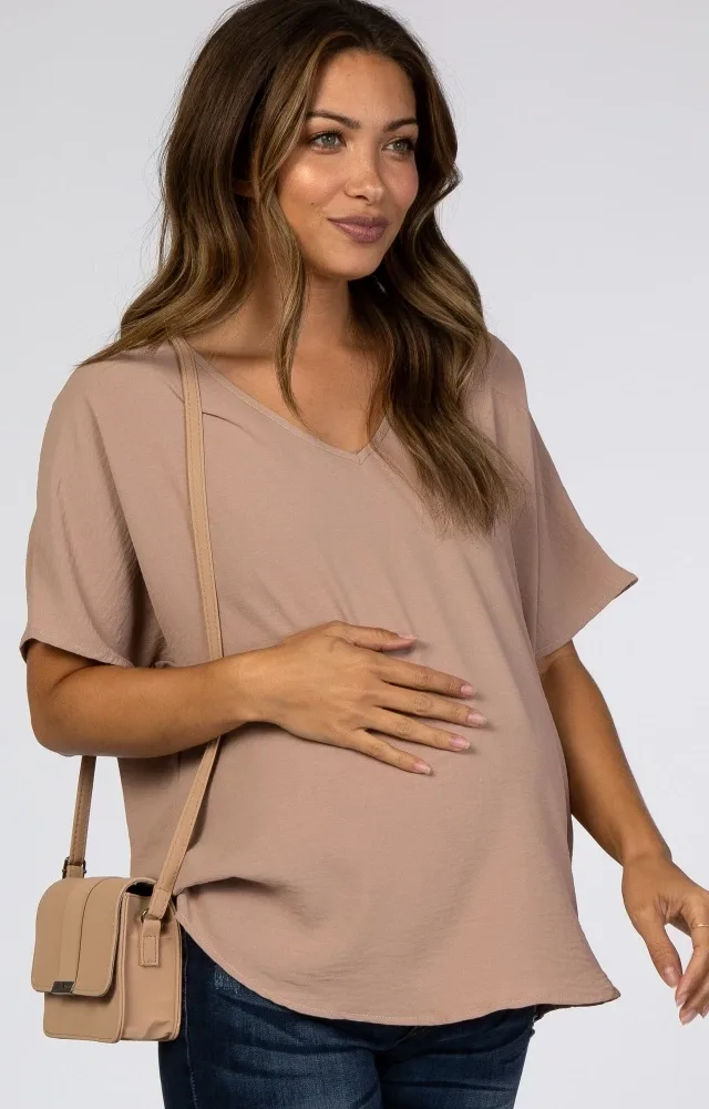 Taupe Short Sleeve Maternity Blouse