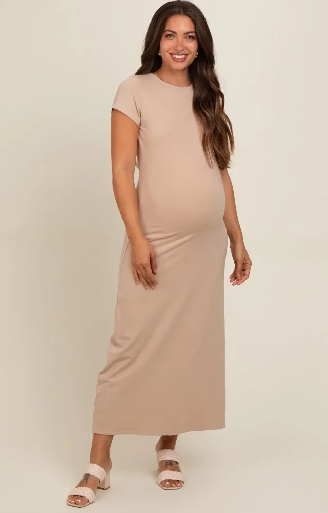 Taupe Short Sleeve Maternity Midi T-Shirt Dress