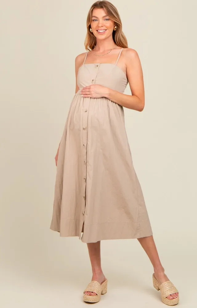 Taupe Sleeveless Button Down Maternity Midi Dress