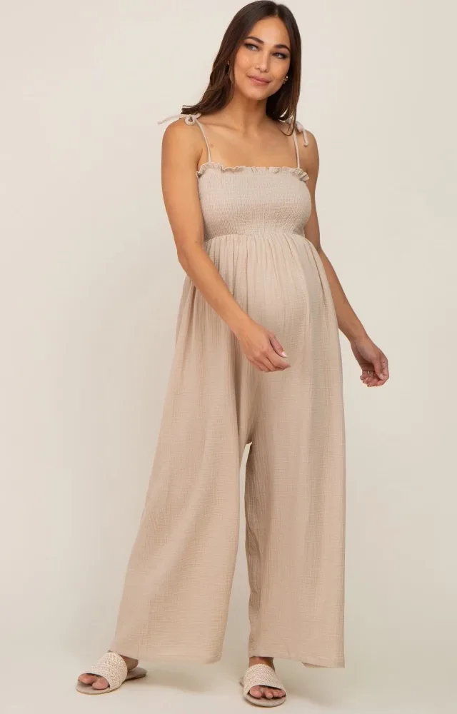 Taupe Sleeveless Cropped Maternity Jumpsuit