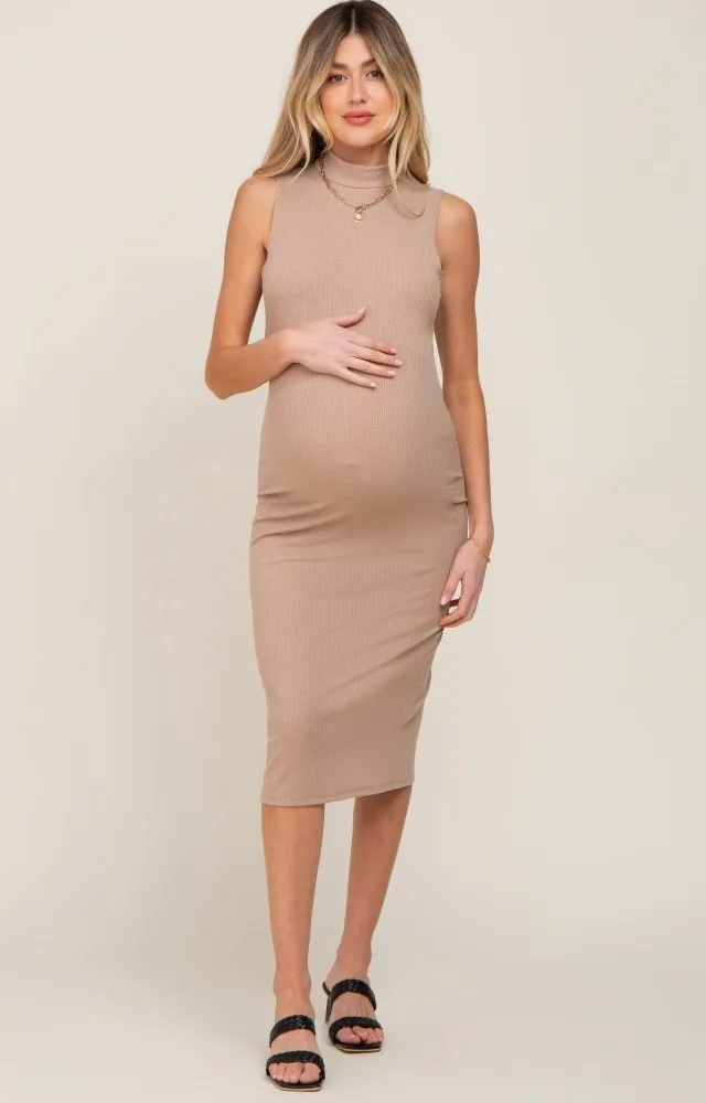 Taupe Sleeveless Mock Neck Maternity Midi Dress