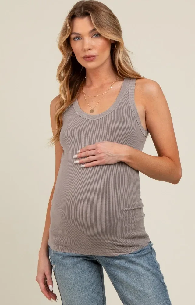 Taupe Sleeveless Ribbed Maternity Top