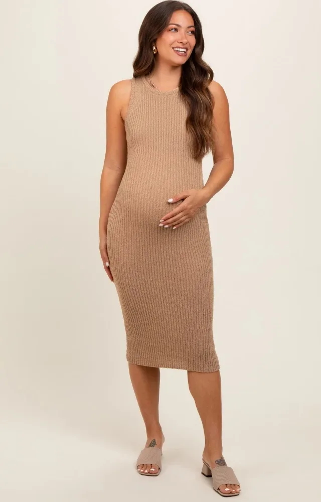 Taupe Sleeveless Sweater Knit Maternity Midi Dress