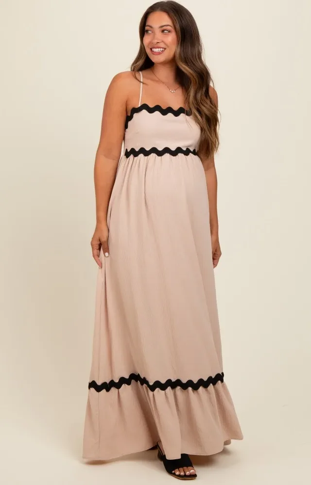 Taupe Sleeveless Zigzag Accent Maternity Maxi Dress