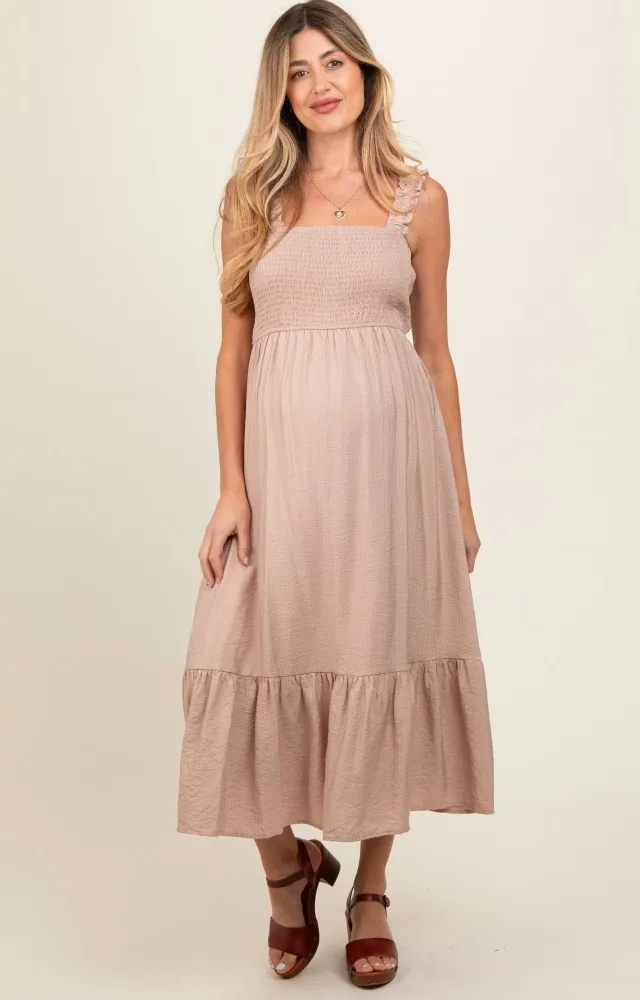 Taupe Smocked Bodice Maternity Maxi Dress