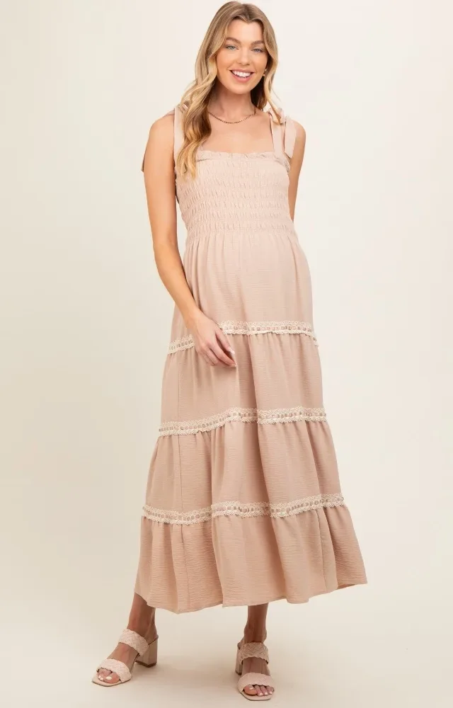 Taupe Smocked Maternity Maxi Dress