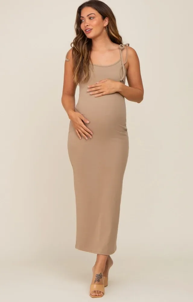 Taupe Soft Knit Shoulder Tie Maternity Maxi Dress