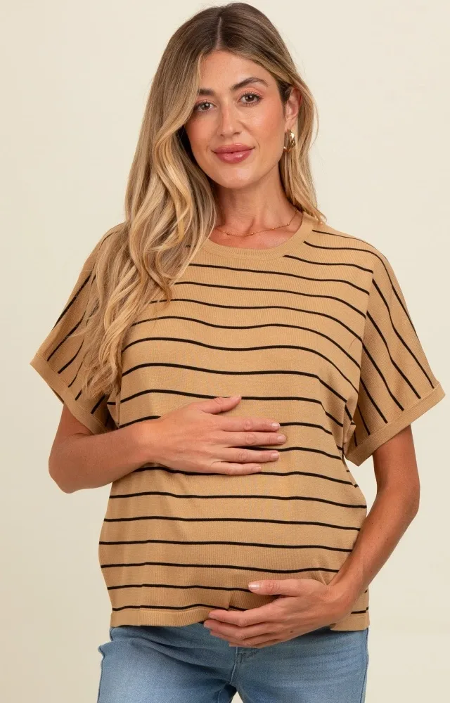 Taupe Striped Boxy Short Sleeve Maternity Top