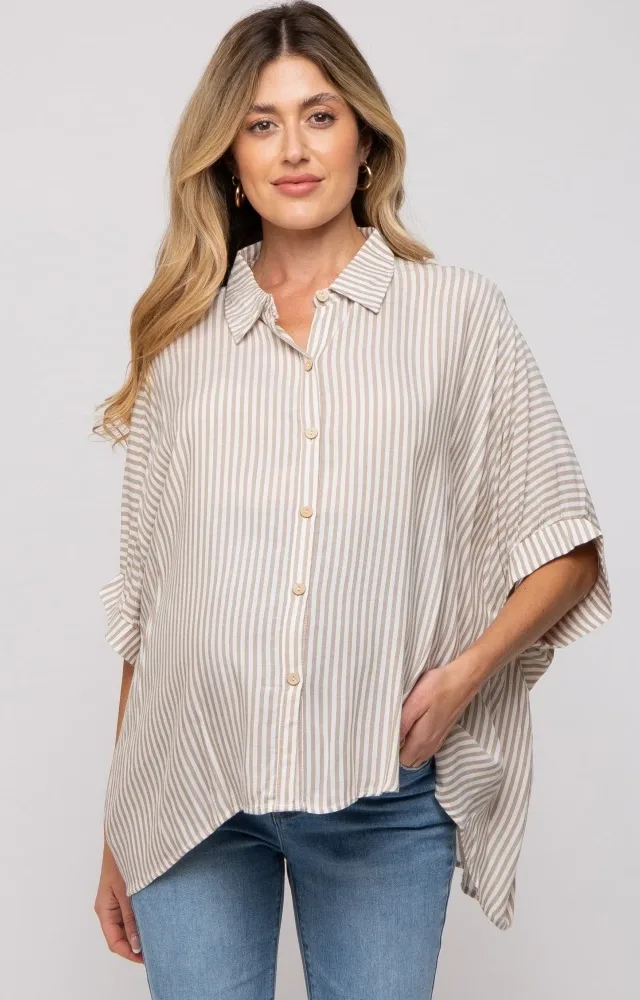 Taupe Striped Button Up Dolman Maternity Top