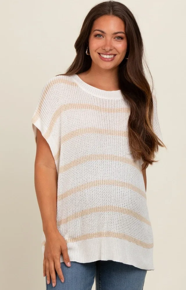 Taupe Striped Drop Shoulder Maternity Sweater Top