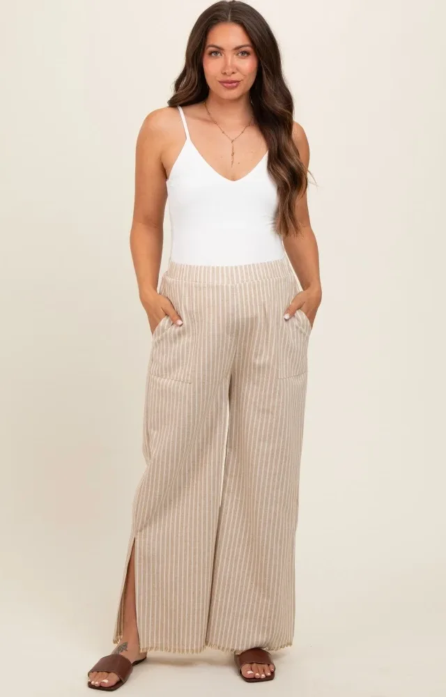 Taupe Striped Linen Slit Hem Maternity Pants