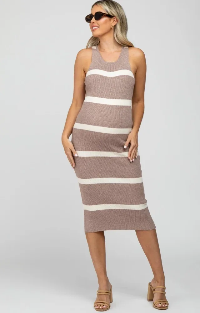 Taupe Striped Ribbed Maternity Midi Dress