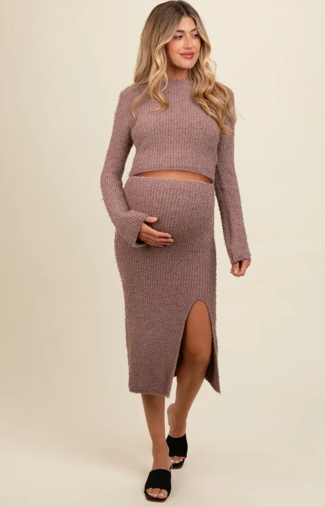 Taupe Textured Knit Long Sleeve Top And Skirt Maternity Set