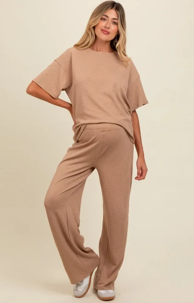 Taupe Textured Knit Oversized Tee And Pants Maternity Set