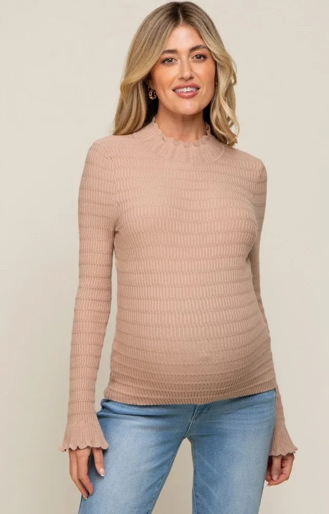 Taupe Textured Knit Ruffle Mock Neck Maternity Top