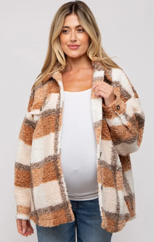 Taupe Textured Plaid Maternity Jacket