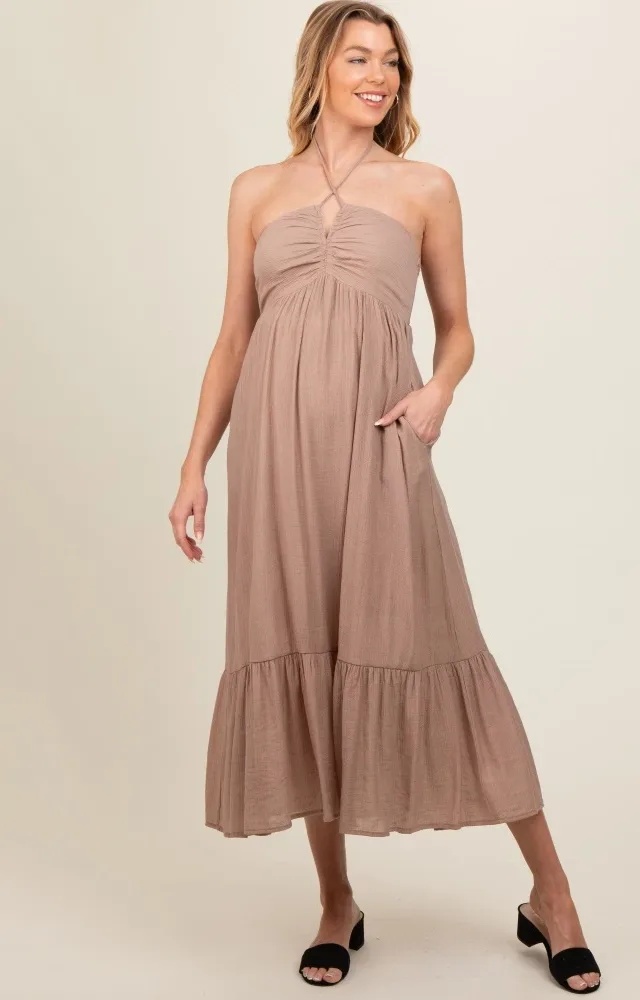 Taupe V-Front Halter Maternity Midi Dress