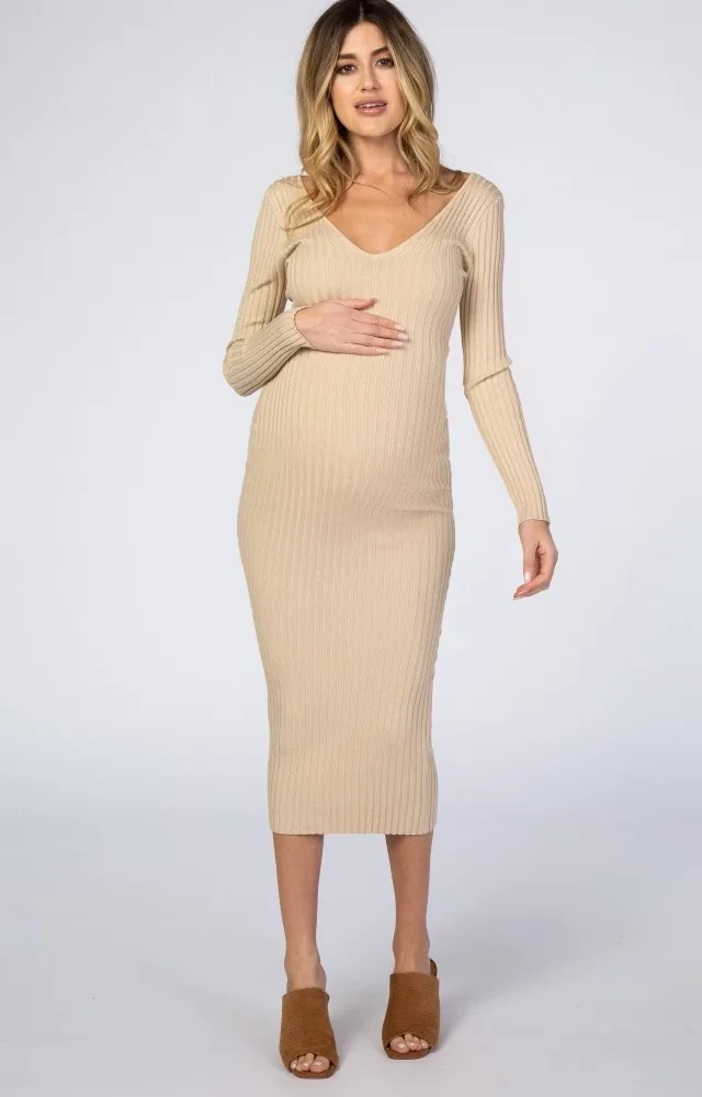 Taupe V-Neck Fitted Maternity Maxi Dress