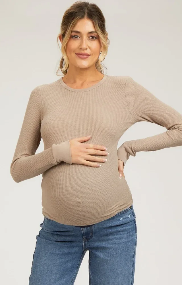 Taupe Waffle Knit Basic Long Sleeve Maternity Top