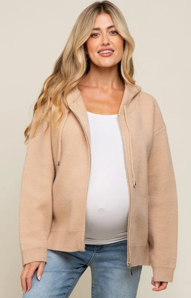 Taupe Zip Up Hooded Maternity Cardigan