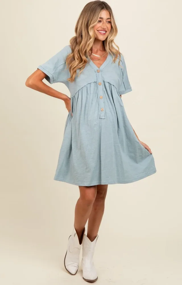 Teal Button Accent Cut Hem Detail Maternity Dress