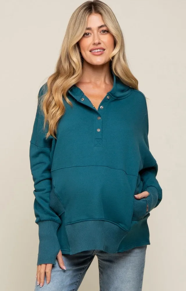 Teal Button Front Ribbed Trim Maternity Hooded Sweatshirt