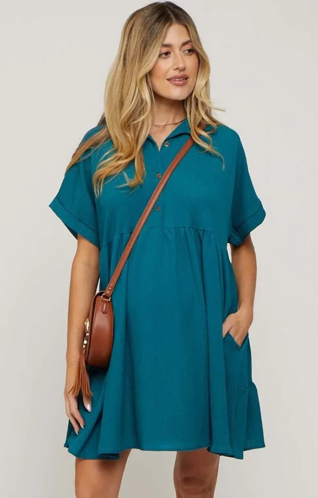 Teal Collared Button Front Short Sleeve Maternity Dress