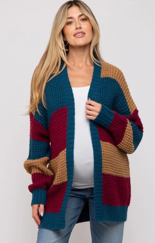 Teal Colorblock Chunky Maternity Cardigan