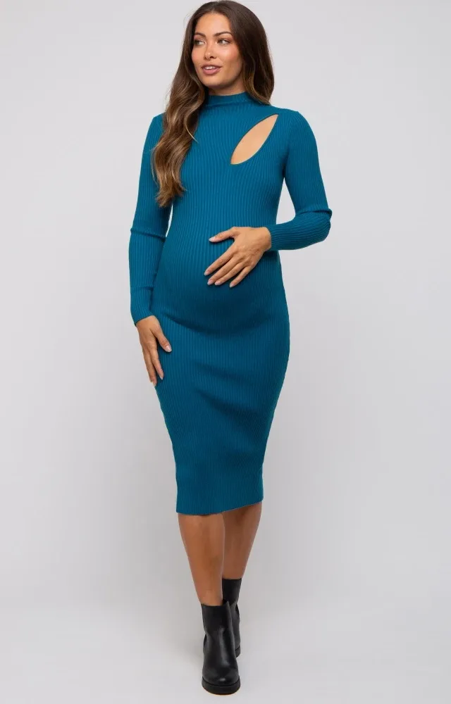 Teal Cutout Fitted Maternity Knit Dress