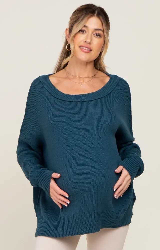 Teal Exposed Seam Side Slit Maternity Sweater