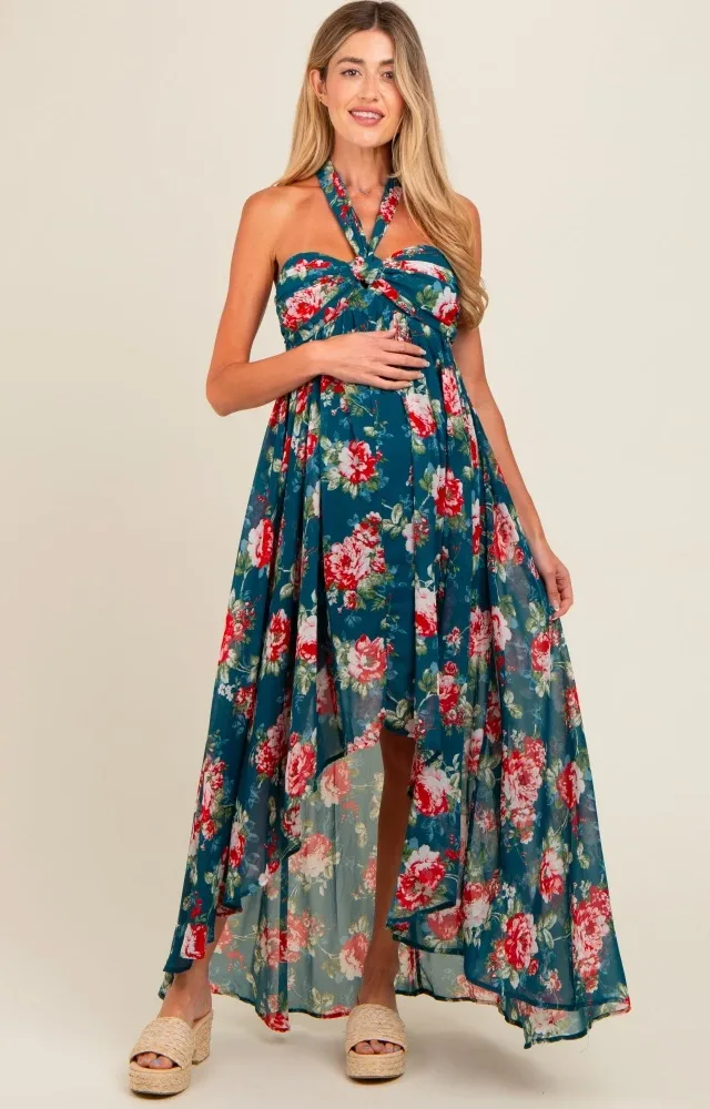 Teal Floral Halter Tie Back Hi-Lo Maternity Dress