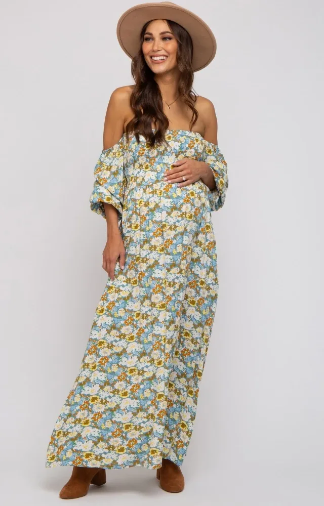 Teal Floral Print Off Shoulder Smocked Maternity Maxi Dress